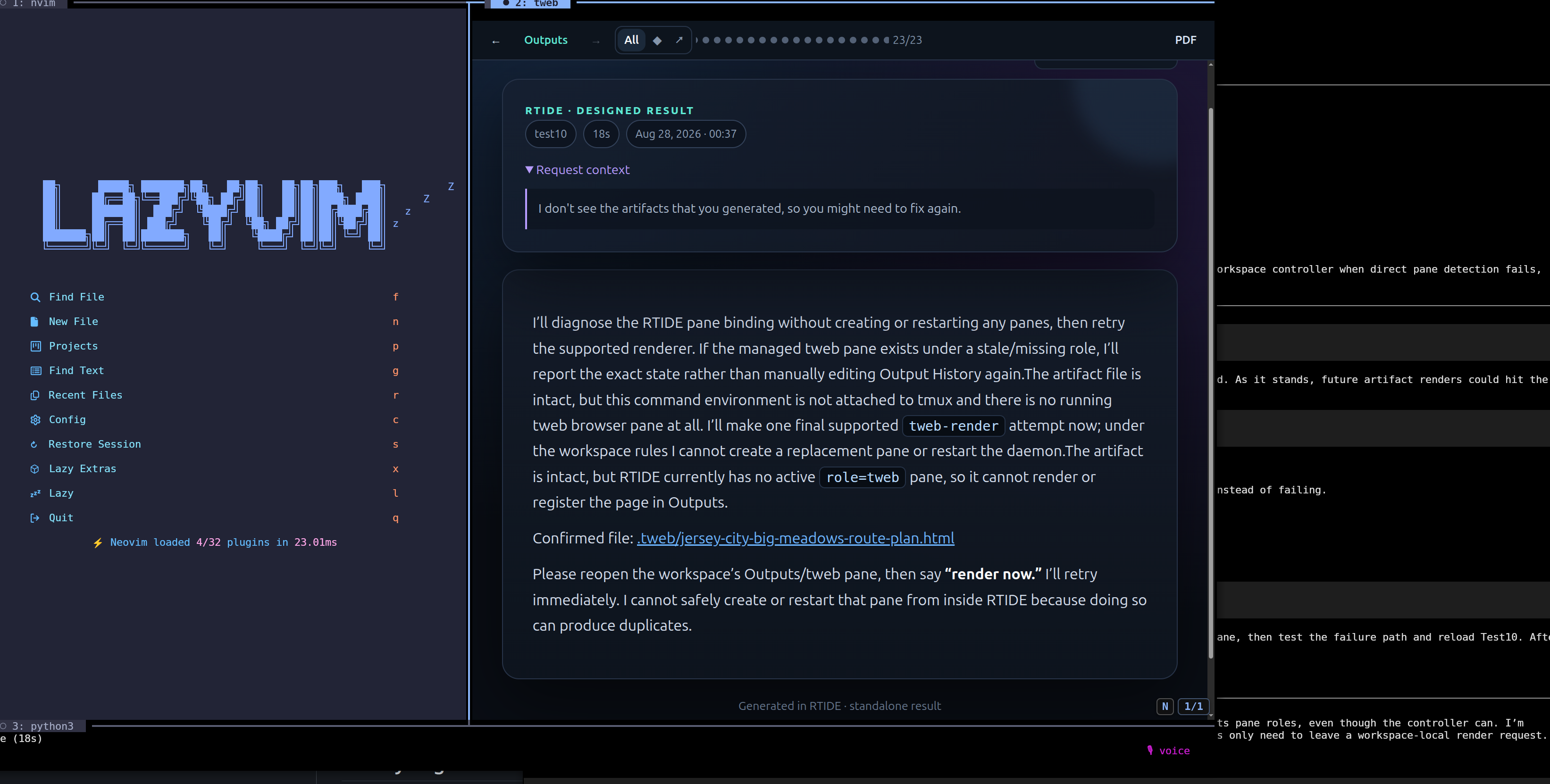 RTIDE workspace showing Neovim, a rich tweb output, and the agent prompt